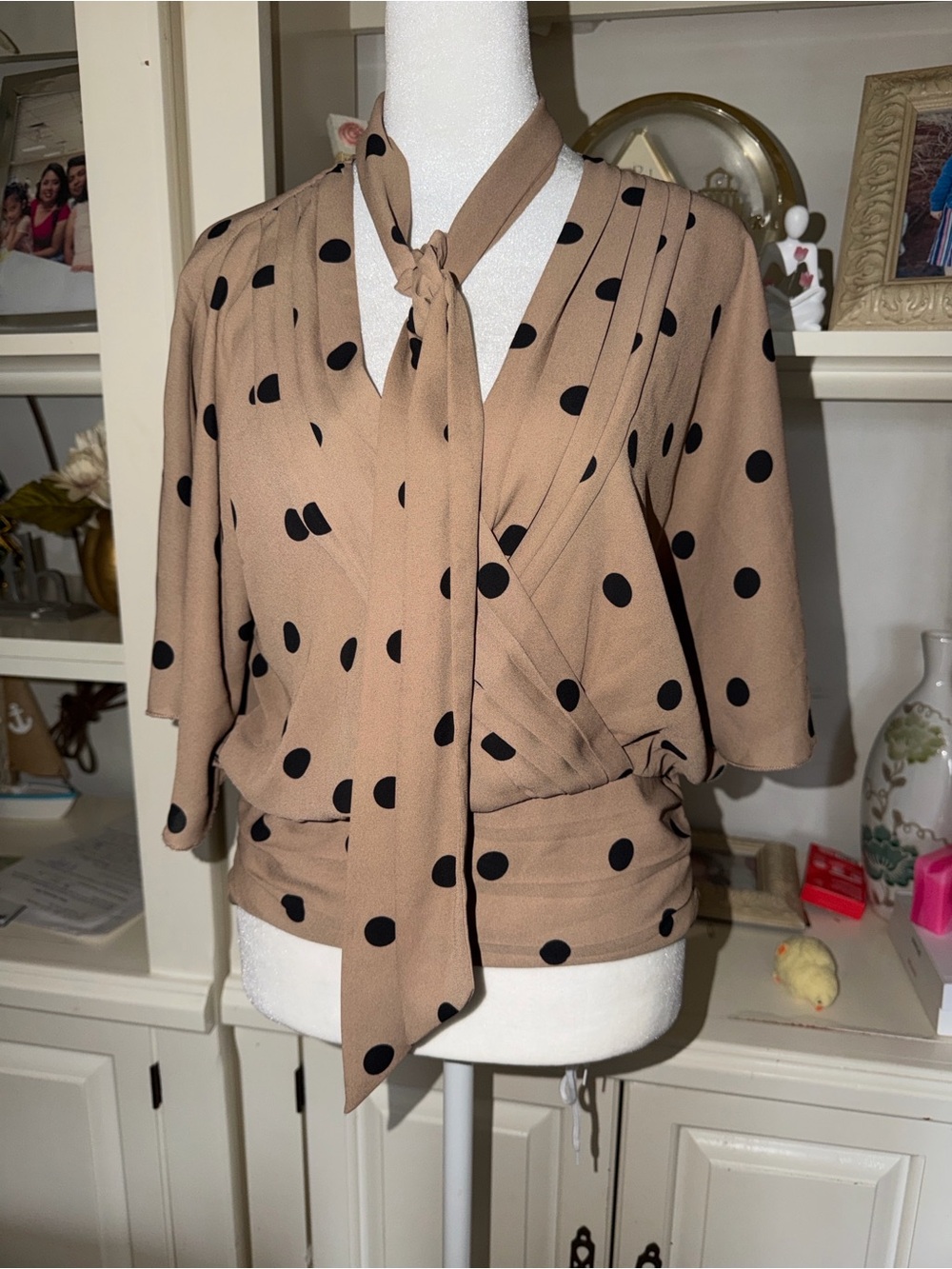 Polka Dot Tie-Neck Blouse - Beige flag with Black Dots